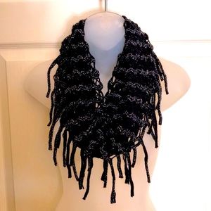 Black and silver fringed infinity scarf. NWT